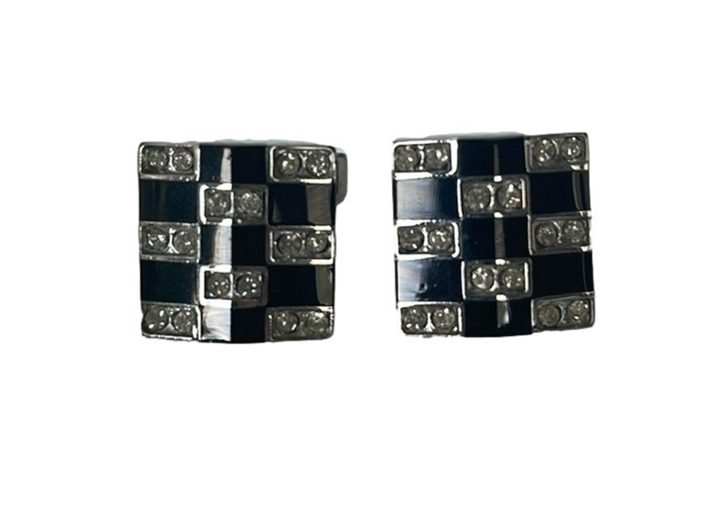 Men's Stainless Steel Cufflinks With Checkerboard Cubic Zirconia Groom Dad EUC